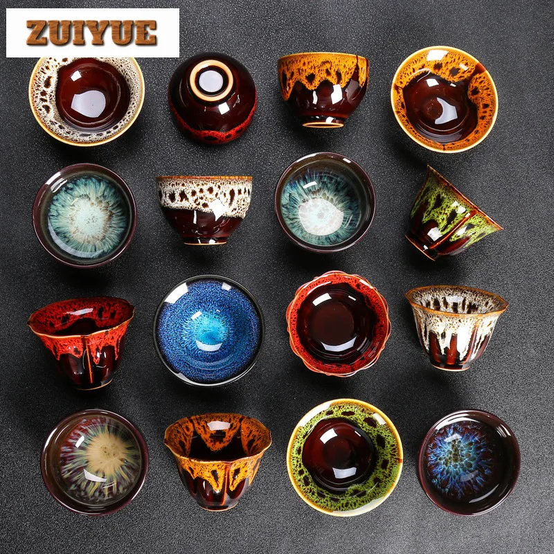 1PCS Kiln Change Ceramic Teacup Temmoku Glaze Multicolor Porcelain Kung Fu Cups Pottery Japanese Master Cup Drinkware Wholesale