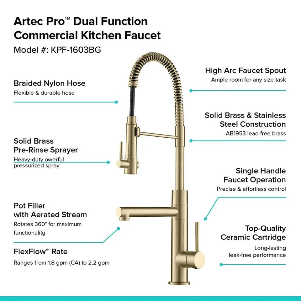 Good Quality Brushed Gold Spring Kitchen Faucet  Pull Out Side Sprayer Dual Spout Single  Handle Mixer Tap Sink Faucet