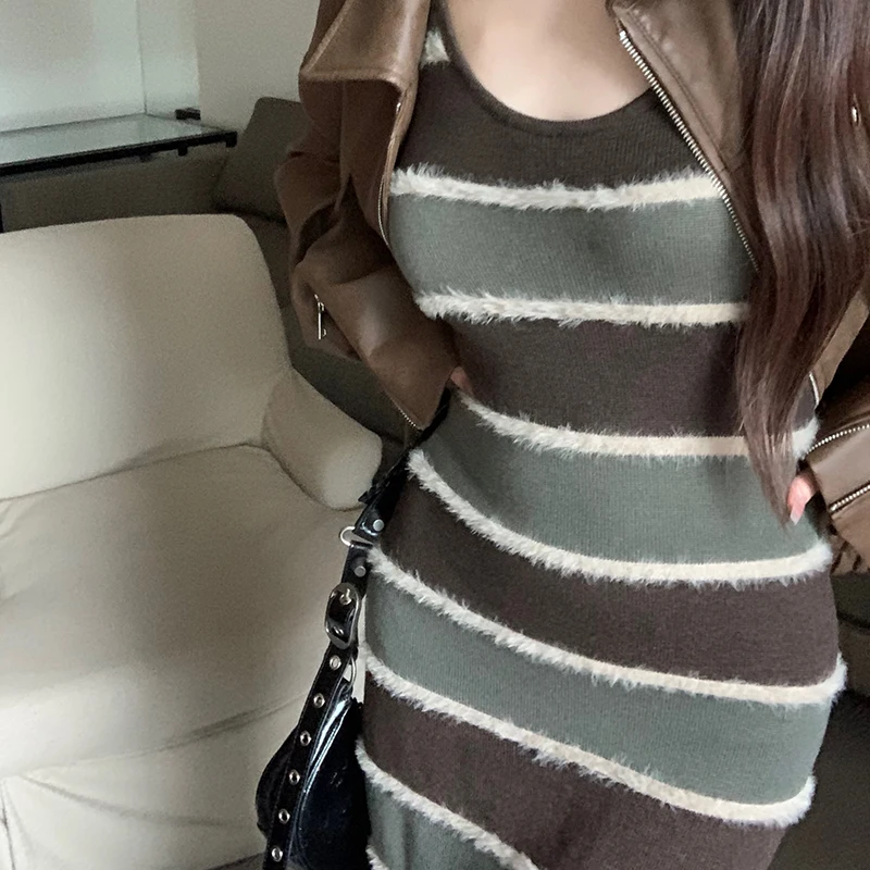 Y2k Knitted Women Dresses Stripes Contrast Color Sleeveless Autumn Winter Vestidos Mujer Korean Fashion Long Dress