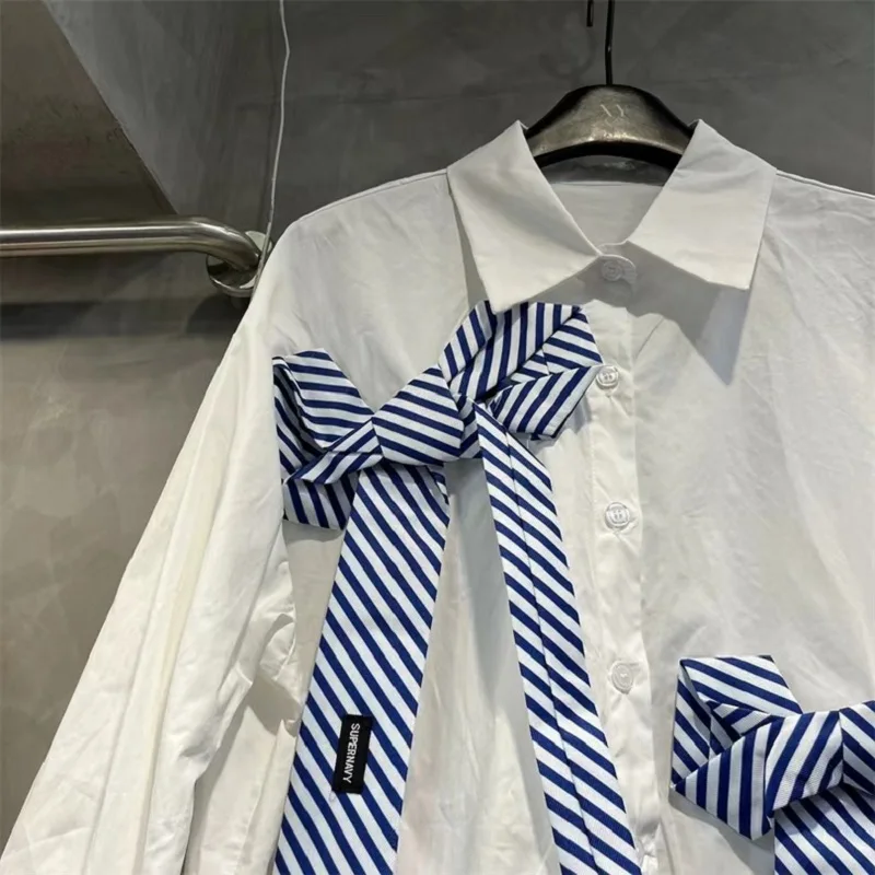 New In 2024 Autumn White Bows Stitch Mid-length Shirts Blouses For Women Loose Casual Long Sleeve Top Blusas Woman Clothes