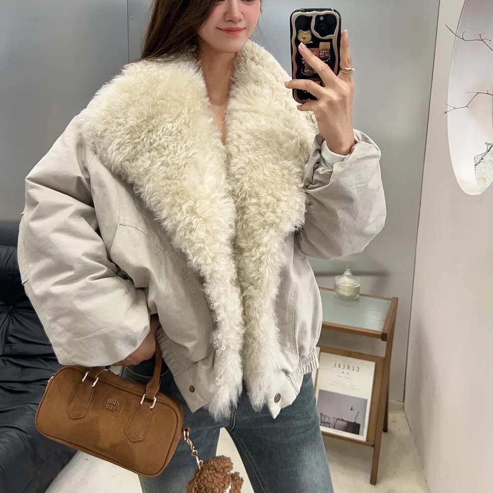 سترة شتوية عصرية لعام 2025 سترة نسائية خارجية فاخرة سترة نسائية معاطف بياقة من صوف الضأن الحقيقي الطبيعي #6