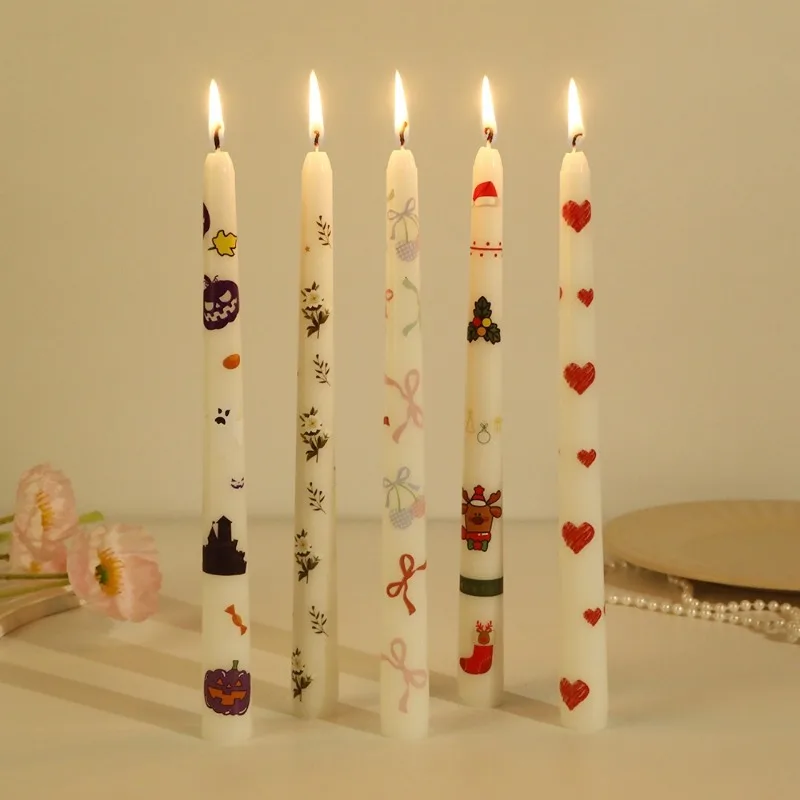 

2pcs Christmas Candles Smokeless Party Decoration Flower Printed Stick Candles for Halloween Emergency Wedding Gifts
