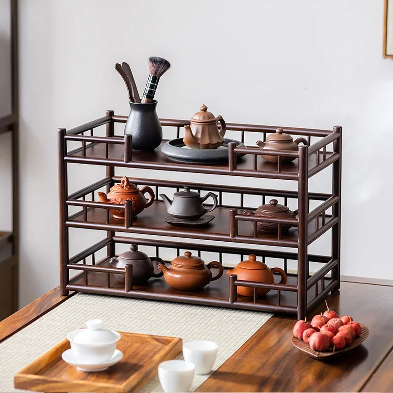 

Chinese Style Office Tea Set Storage Rack Retro Tea Table Storage Shelf Raised Fence Cup Holder Natural Bamboo Teas Table Rack