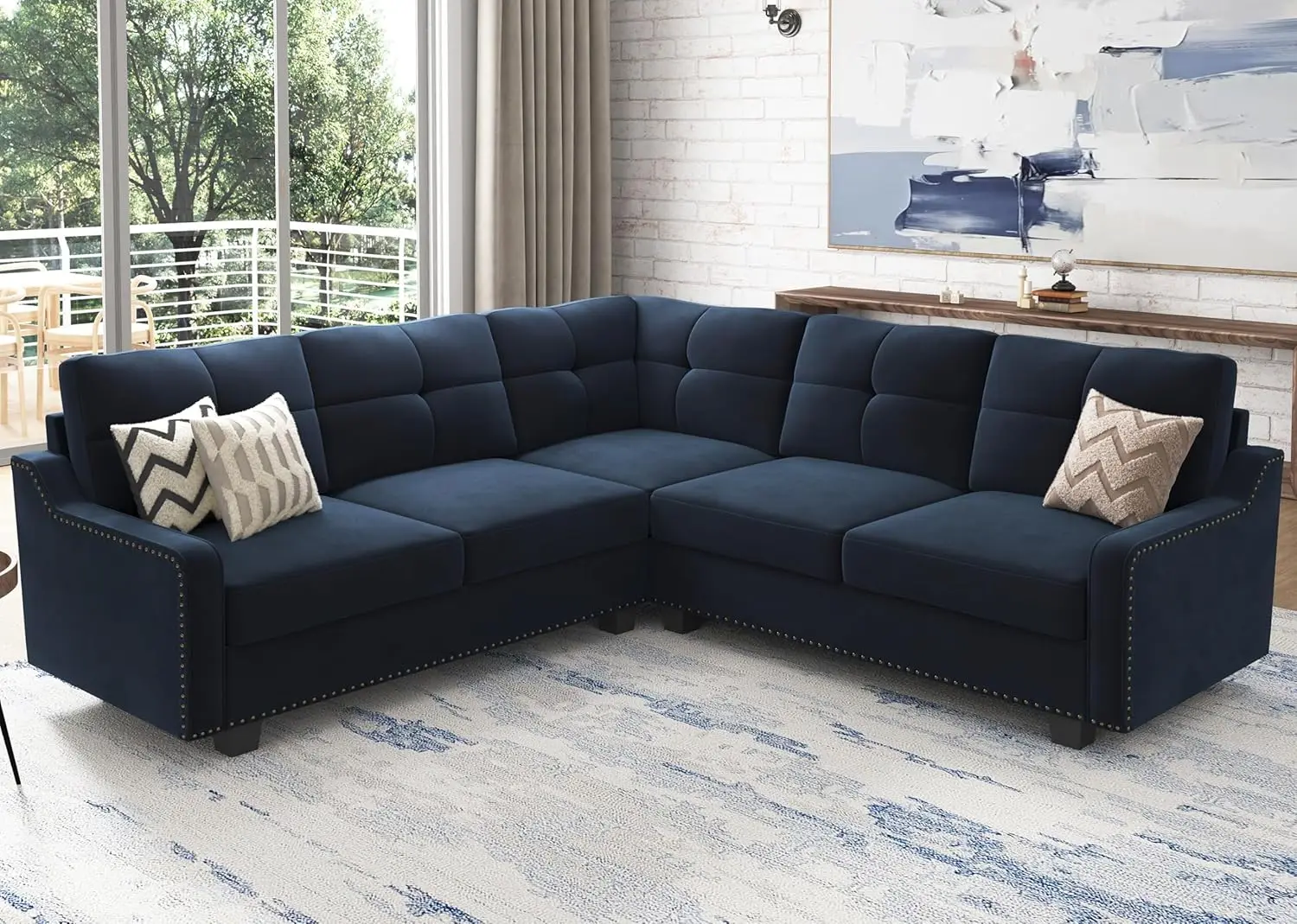 

NEW Convertible Sectional Sofa L Shaped Couch for Small Apartment Reversible Sectional Couch for Living Room,Velvet Dark Blue