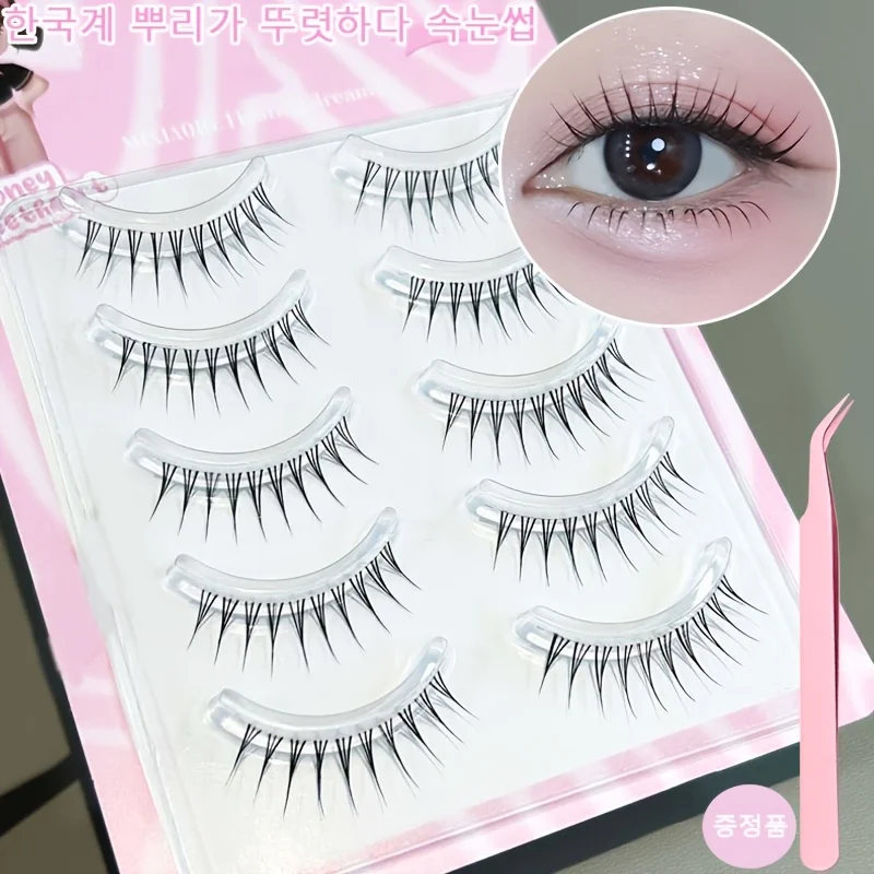 Mixiaohe Korean Girl Group Eyelashes Clear Band C Curl Lightweight Natural 5 Pairs with Tweezers Beginner Friendly