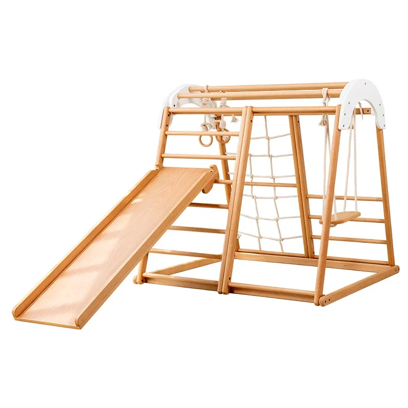 Indoor children playground baby kids solid wood climbing frames toy set with wooden slide swing rock climbing