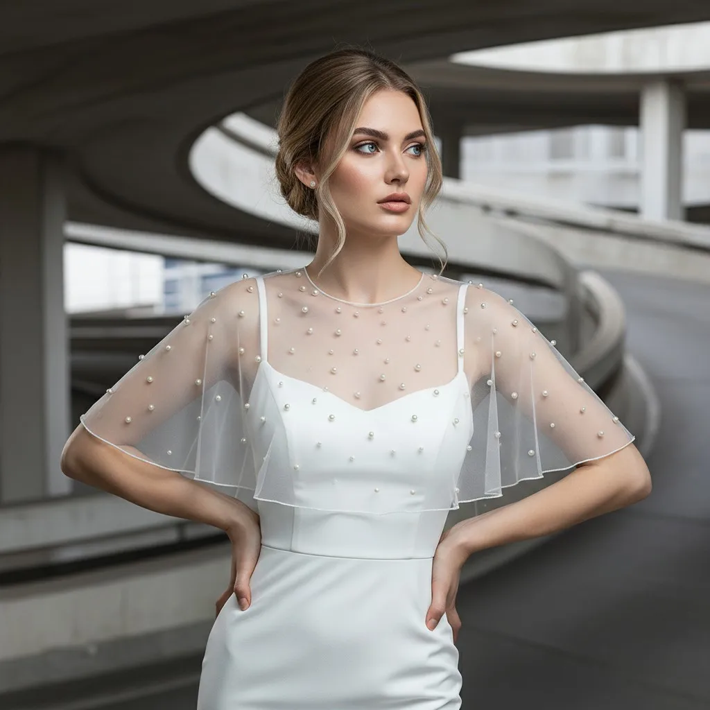 Elegant Pearl Embellished Sheer Tulle Capelet for Women Sleeveless Pencil Edge Bridal Bolero Pearl Button Wedding Shawl Wrap