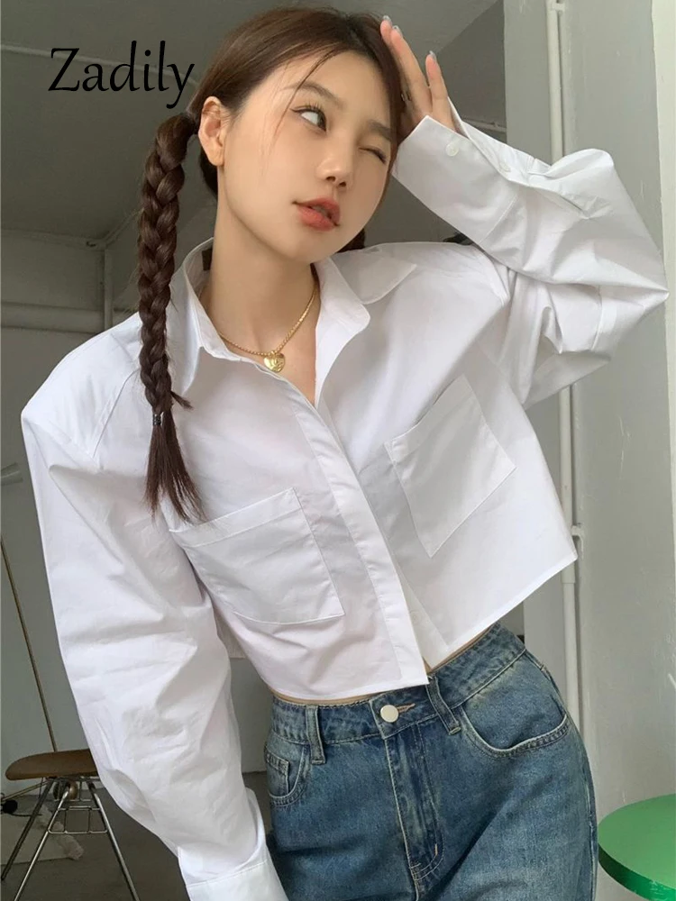 Zadily 2023 Spring Minimalist Long Sleeve Women White Shirt Y2K Shoulder Pad Button Loose Woman Crop Top Blouse Female Clothing