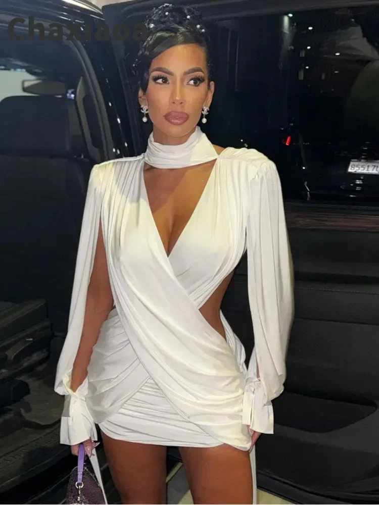 Chaxiaoa Hollow Out Long Sleeve Sexy Deep V Neck Waist-Cinching Bodycon Dress Women Elegant Slim Party Club Evening Dress