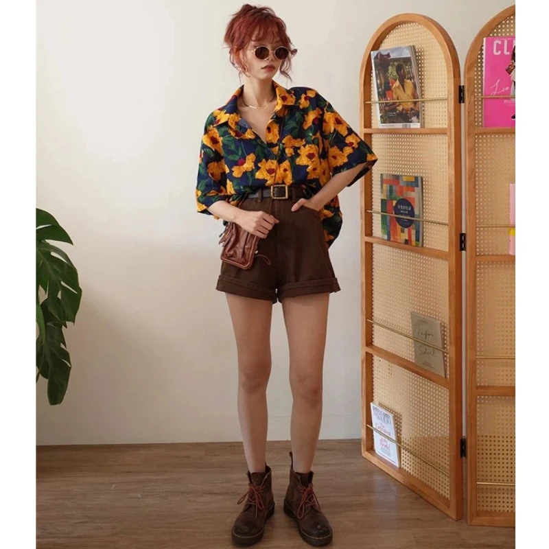 Summer New Floral Blouse Polo Neck Short Sleeve Loose Button Printing Street Casual Shirt Tops Fashion Vintage Women Clothing