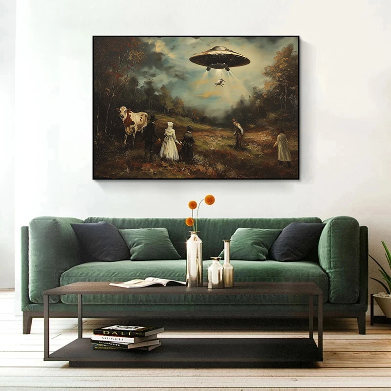 Vintage Surreal Funny Victorian UFO Landscape Cow Alien Poster Wall Art Pictures Canvas Painting Home Farmhouse Decor