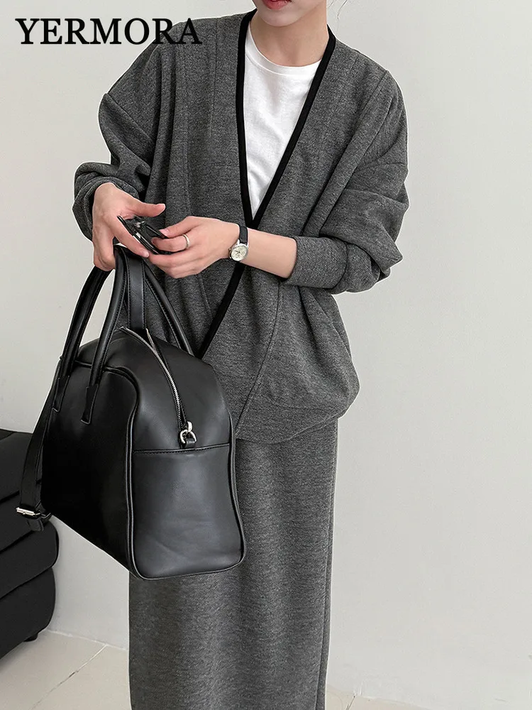 

YERMORA Women Gray Two Pieces Set Casual Wool Coat V-enck Long+high Loose New Waist Skirt Fashion Tide Autumn Winter 2025