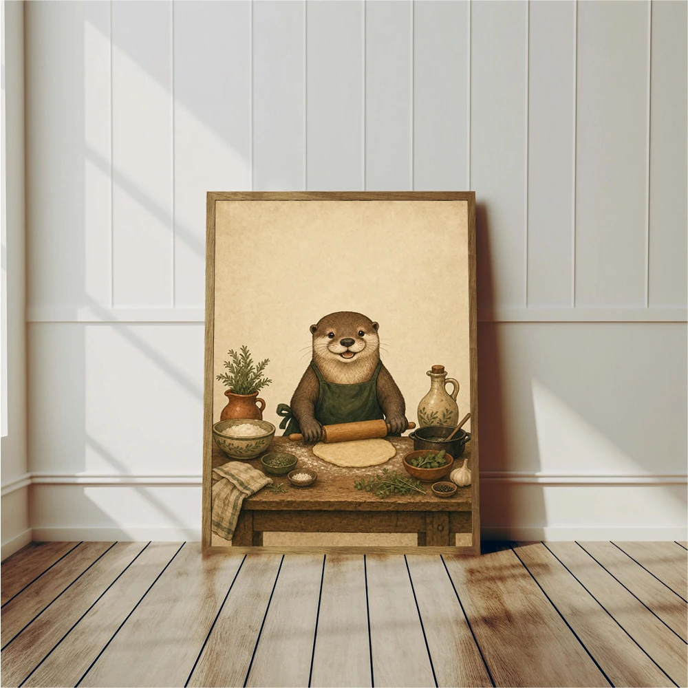 Otter Poster Vintage Linocut Style Art Prints Canvas Painting Animal Wall Art Pictures Home Living Room Folk Style Decoration