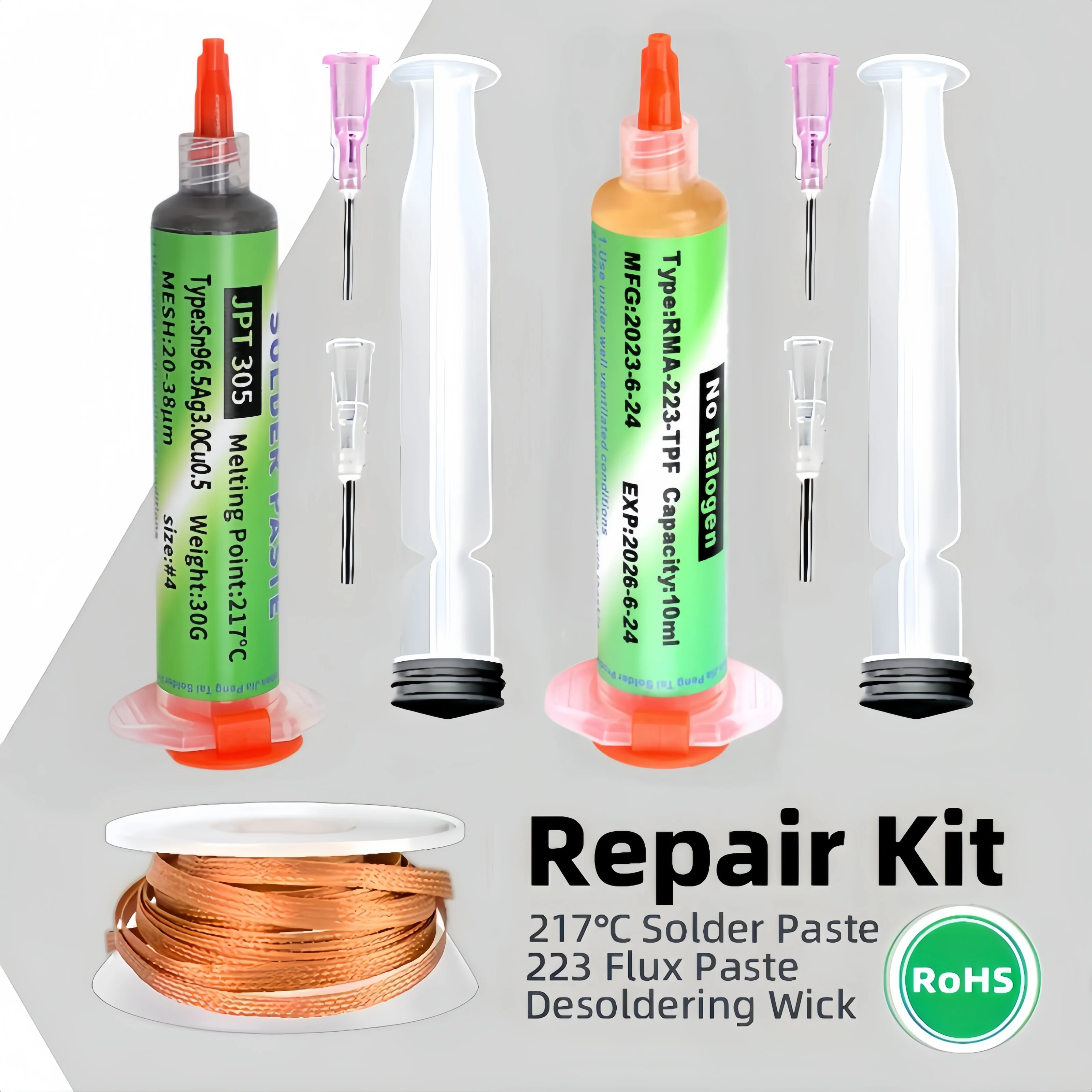 Sn96.5Ag3.0Cu0.5 Solder Paste 30g 217℃ | RMA-223 Flux +10ml Desoldering Wire, BGA PCB Chip Repair Soldering Kit