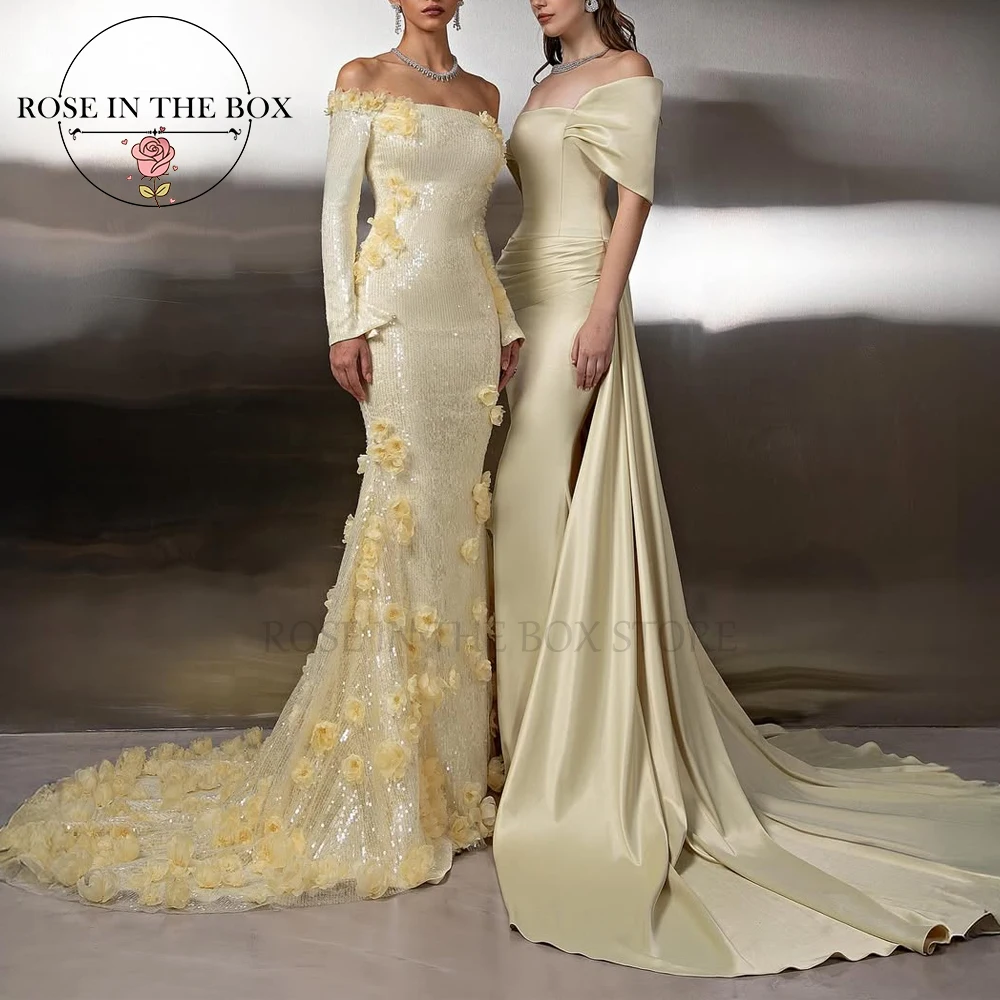 ROSEINTHEBOX Vestido de noche de sirena con hombros descubiertos y lentejuelas color champán glamoroso personalizado con apliques florales en 3D y mangas largas