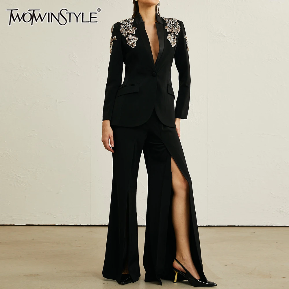 

TWOTWINSTYLE Solid Two Piece Set for Women Lapel Long Sleeves Spliced Applique Blazer High Waist Split Pants Sets Female Clothes