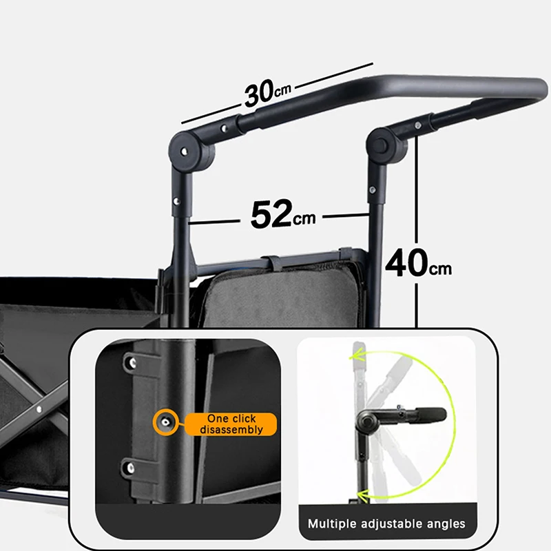 عربة قابلة للطي بمقبض دفع ، عربة خفيفة الوزن قابلة للتمديد ، عربة سوداء ، معدات تخييم ، إكسسوارات للتخييم