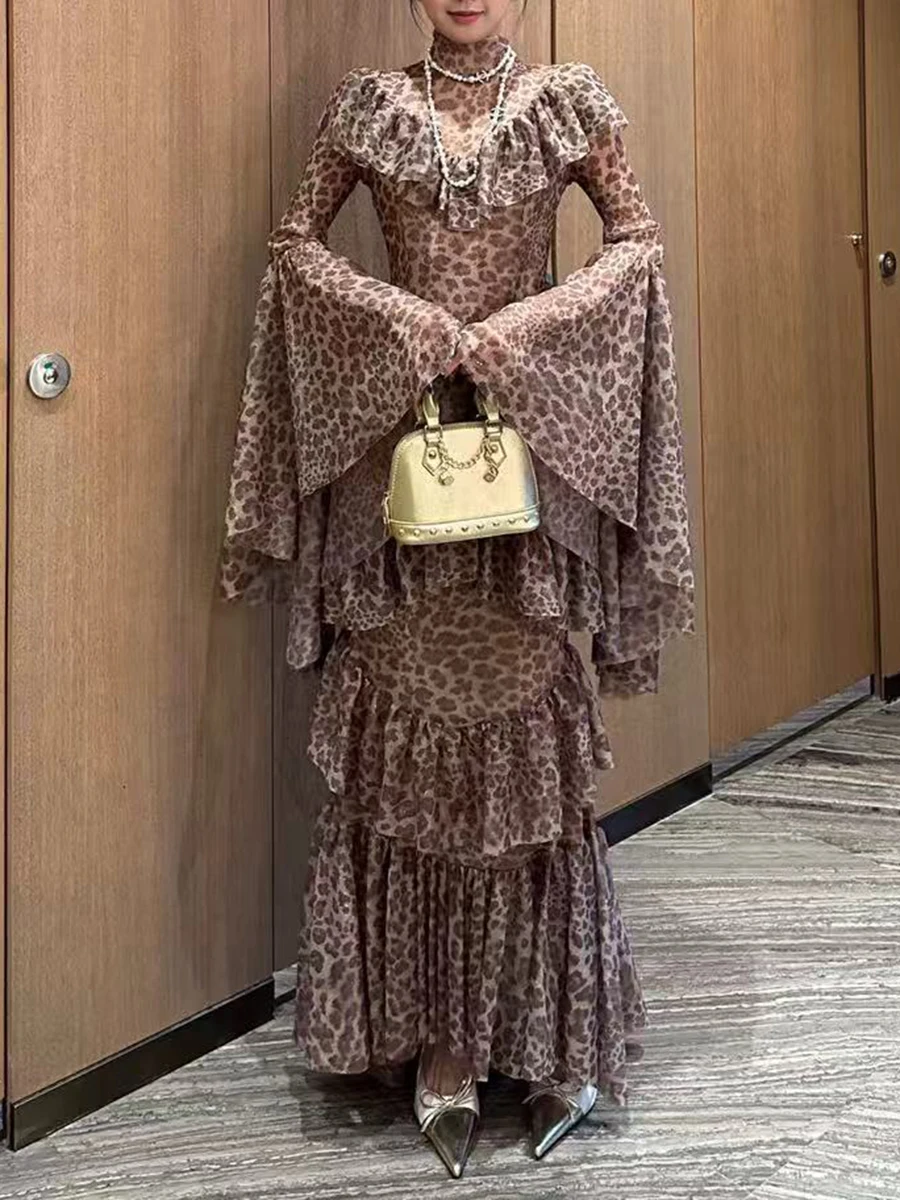 TWOTWINSTYLE Leopard Slimming Spliced Ruffles Folds Sexy Dresses for Women High Neck Long Sleeves Sheer Elegant Dress Female New