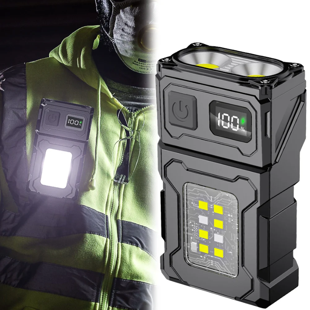 COB SMD Mini Keychain Flashlight Power Display Portable Work Light Rotatable LED Keychain Flashlight for Camping Fishing Walking