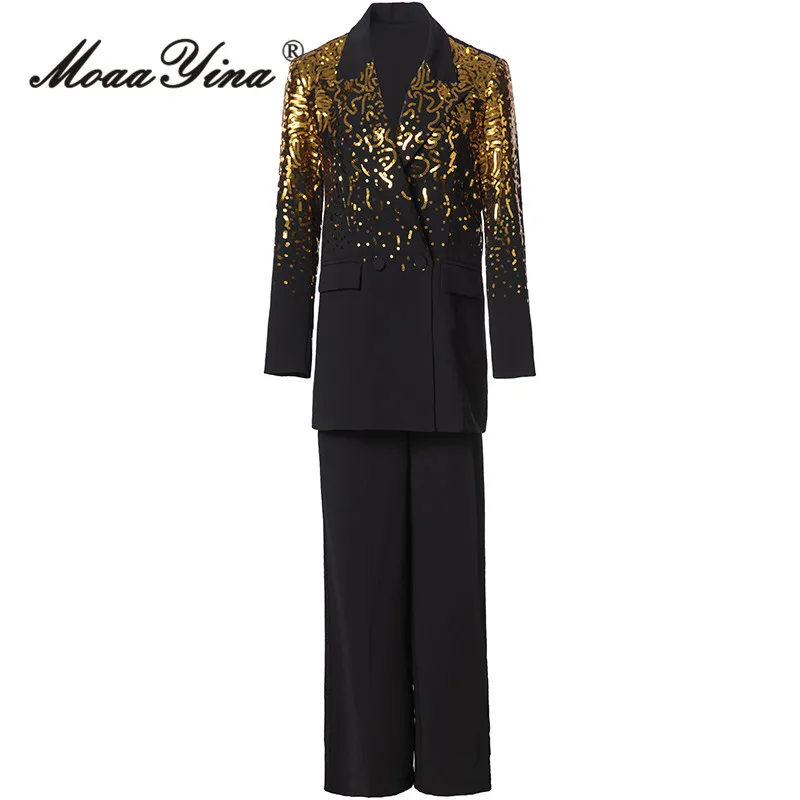 MoaaYina Autumn/Winter luxury Suit Women's Notched Long-sleeve Sequins Design Tops+Black Wide leg pants 2 piece set