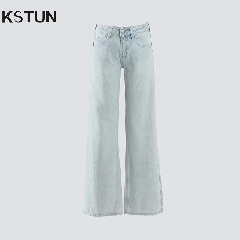 KSTUN 2025 Spring Straight Cut Jeans For Women Wide Leg Denim Pants Loose American Retro Trousers Vintage Light Blue Washed