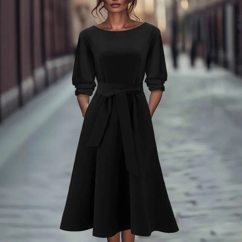 Abiti da festa con lacci a vita alta solidi alla moda semplice Donna Elegante abito a trapezio con tasca o collo Abito lungo Boho con maniche a 3/4 autunnali