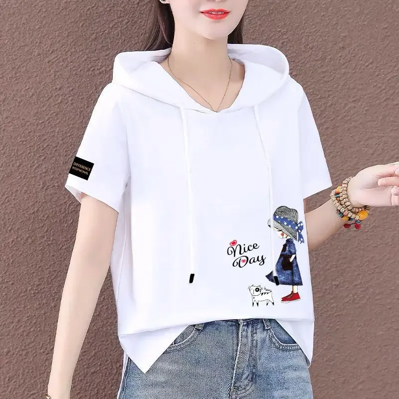 

Women's Cotton Short-Sleeved Hoodie, Loose T-Shirt, Versatile Blouse, Plus Size, Summer, New, 2024