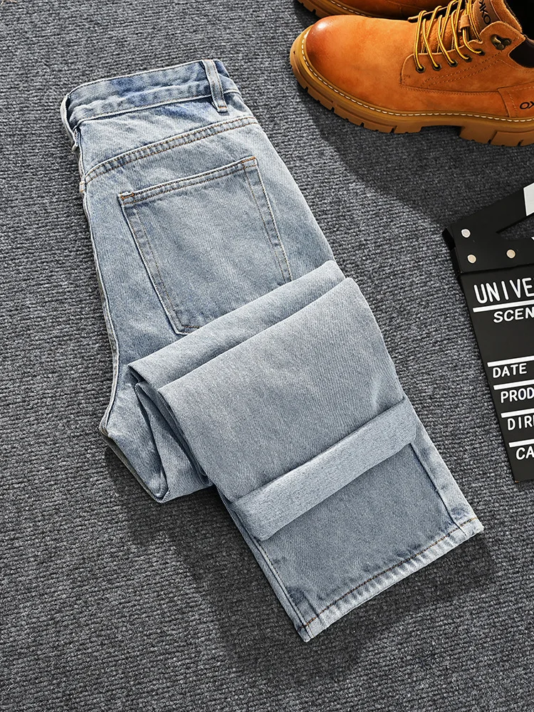 

European and American trendy high street retro distressed patch loose straight leg jeans men's patchwork design wide leg pants