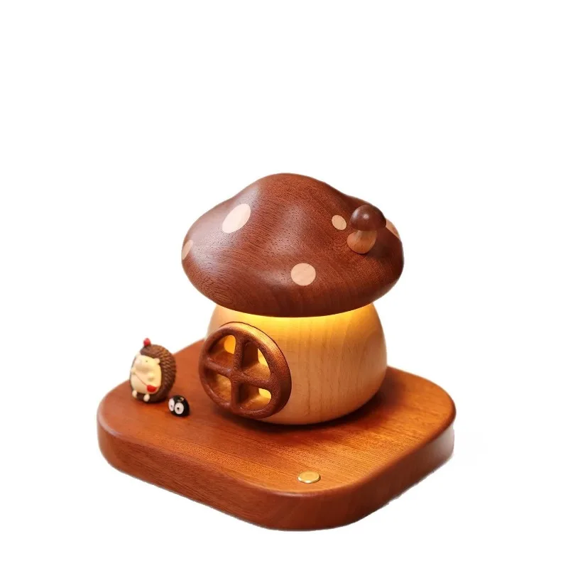 Night Light, Solid Wood Rechargeable, LED Night Light, Bedside Children's Room Decoration, Mushroom House, Companion Sleeping