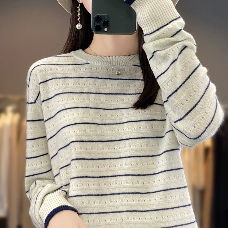 100 wool knitted sweater for women in autumn and winter, new round neck with striped color blocking base, loose and slimming top