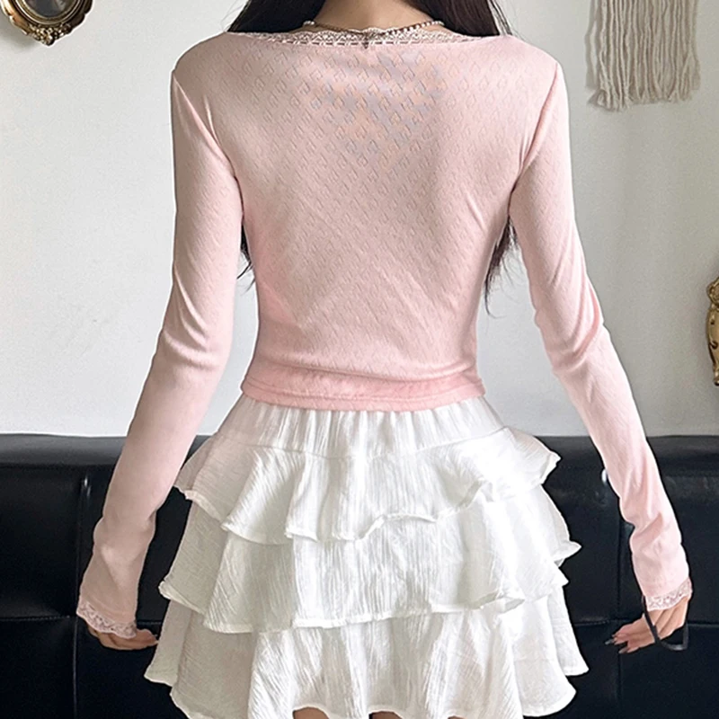 IAMHOTTY Coquette Jacquard Knit Top Pink White Bow Decorate Lace Stitching Square Collar Tops Autumn Spring Slim-fit Tees Cute