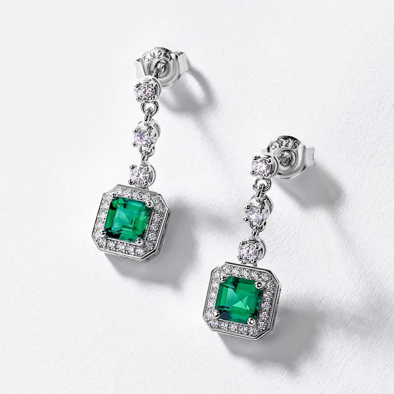 

Light Luxury Emerald Stud Earrings for Women S925 Sterling Silver Lab Created Full Paved Vintage Fashion Elegant Jewelry Gift