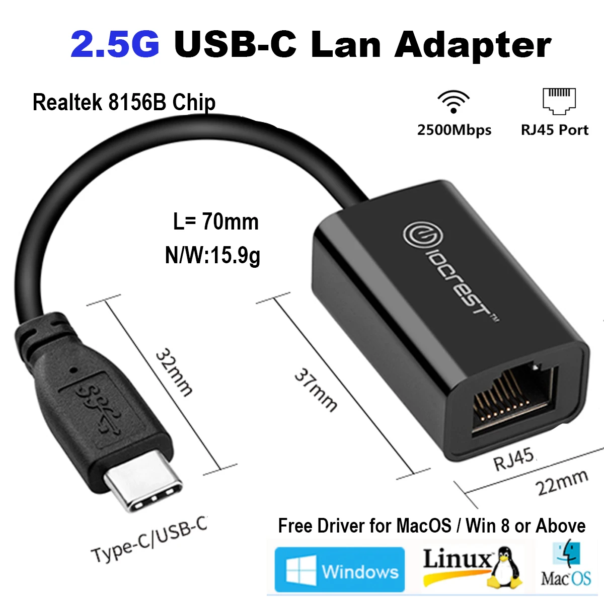 IOCREST-Carte réseau Ethernet filaire externe, 2500Mbps, Type-C, 2.5G, RTL8ACHUSB3.1, Convertisseur RJ45, Adaptateur LAN pour Mac, Win10