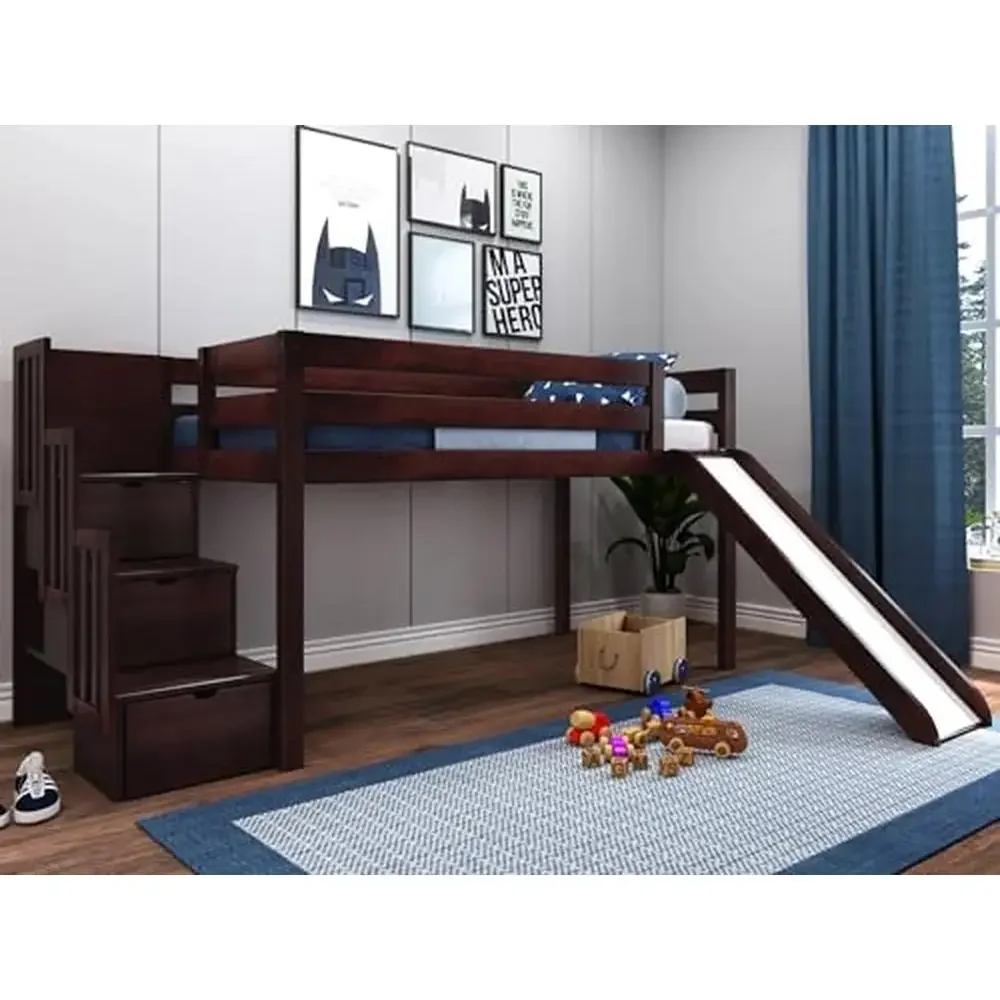 Cherry Twin Low Loft Bed with 3-Step Stairway Slide & Drawer Solid Wood Pine Children 6 Years  Assembly Tools Included No Bunkie