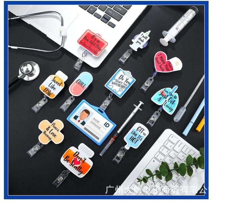 New Design 1 Piece Glitter Acrylic Retractable Nurse Badge Reel Anime Bottle Human Organs Love Heart Pill Bandage ID Card Holder