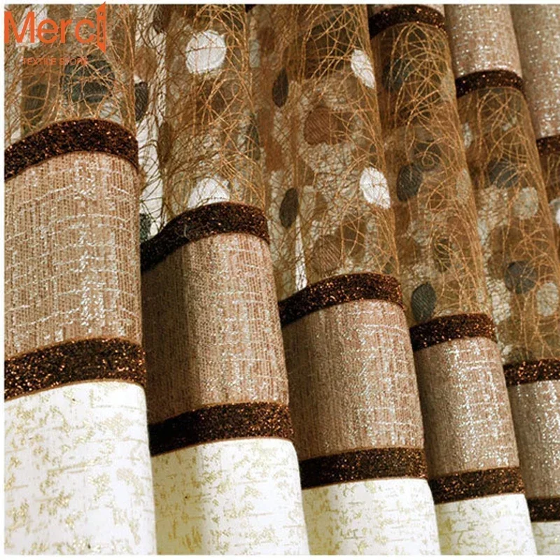 French Brown Chenille Stitching Bird\'s nest Chinese Curtains for Living Dining room Bedroom Polka Dot Hollow Tulle Customization