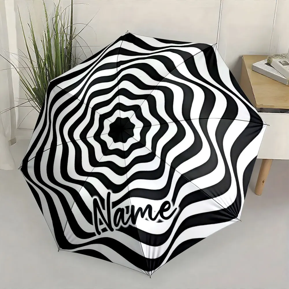Custom Name  Stylish Black and White Geometric Pattern Umbrella Print 8 Iron Ribs Folding Umbrella Auto-Open Fashion Sunshade