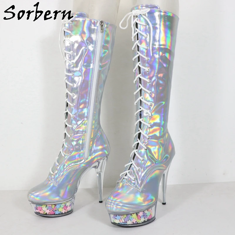 Sorbern Holo Silver Knee High Boots Women Transparent Stars Perspex High Heel Round Toe Lace Up Pole Dance Boot Custom Colors