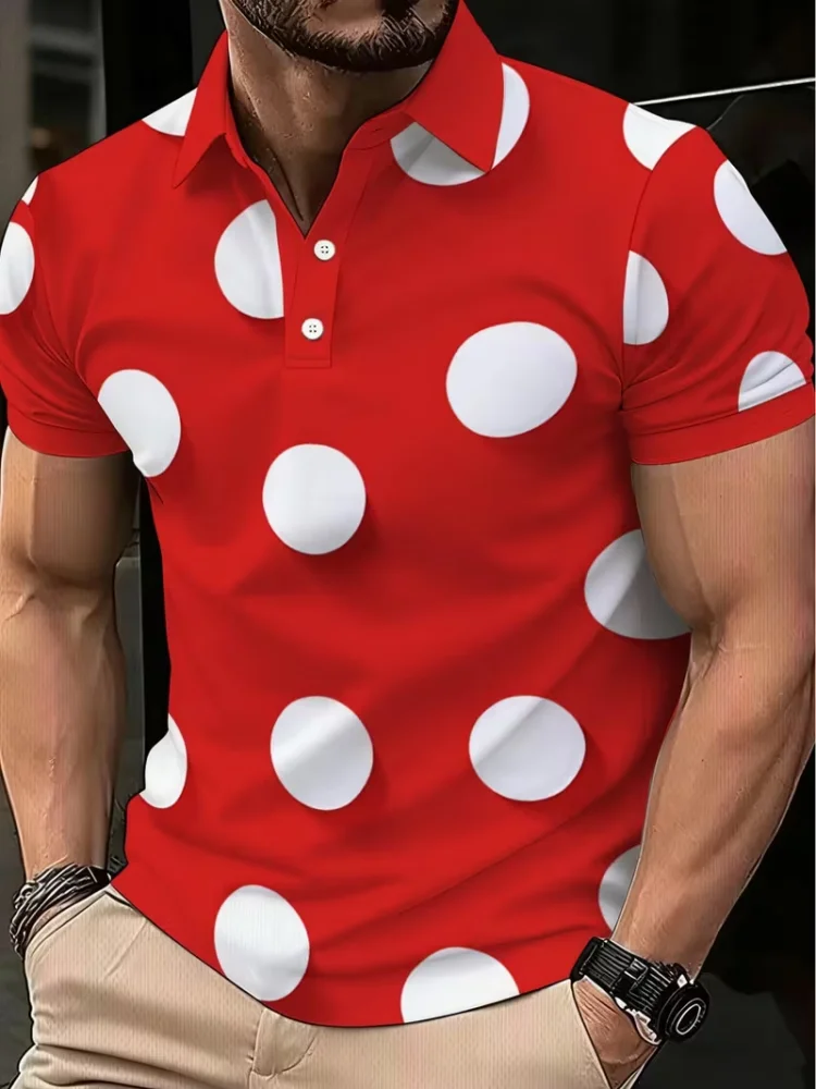 Mens Short Sleeve Polo Shirt Big White Polka Dot Print Collared Golf Shirts Button Placket Casual Business Summer Tee For Men