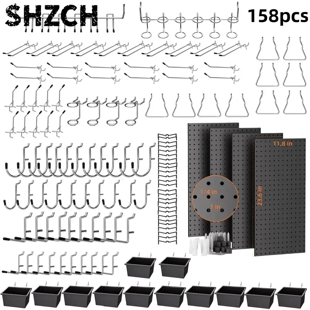 158PCS Metal Pegboard Wall Organizer, 12*24 Inch Black Pegboard Panels Tool Organizer Kit with Accessories Hooks and Bins