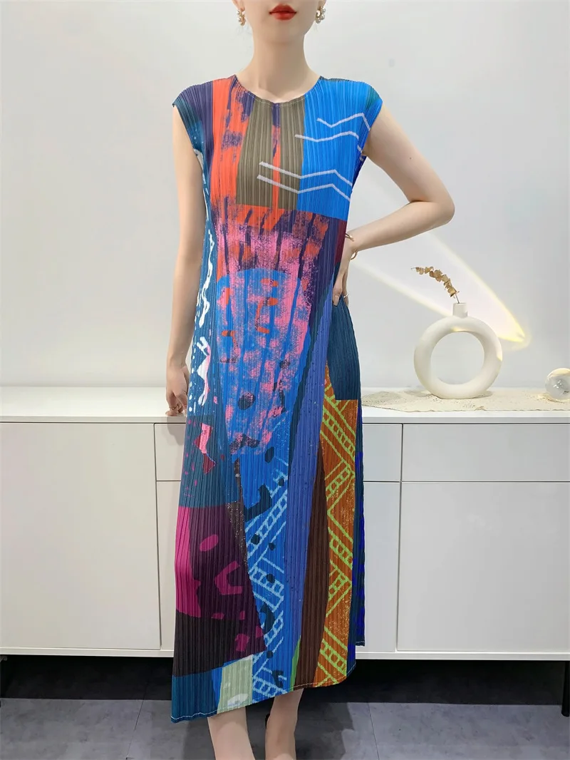 Miyake Pleated Dress Women's 2024 Summer New Printed Mid-length Comfortable Casual Vacation Style Casual Slim Mid-length Skirt