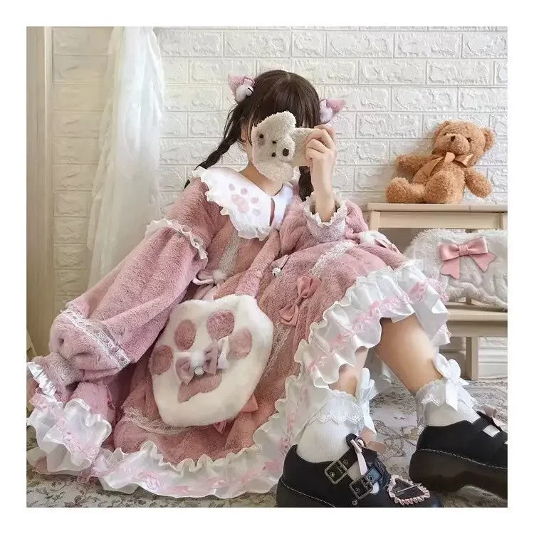 Pequeno leite meow gato lolita vestido de pelúcia op outono inverno manga longa engrossado roupas de ano novo festa de aniversário bonito saco da menina