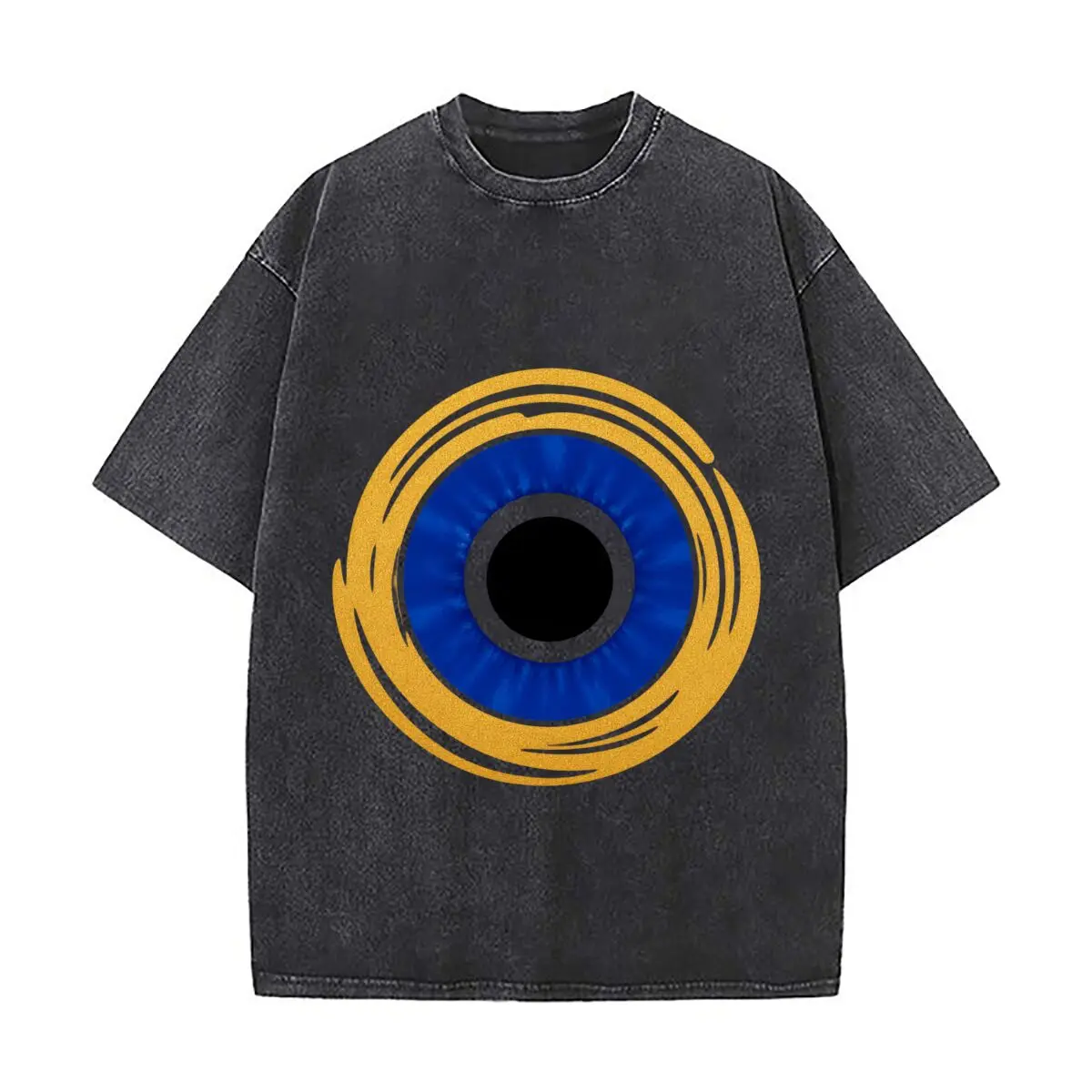 Gold Foil Evil Eye Blue Nazar Amulet Mystical Design Washed Distressed Loose Streetwear Tops