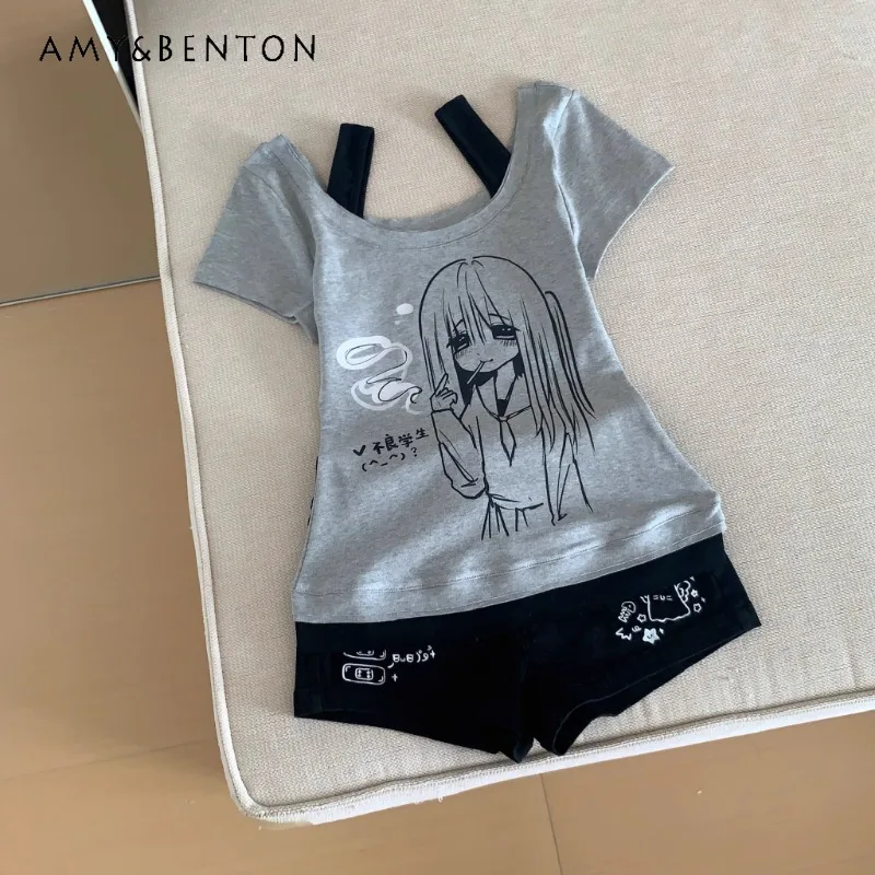 

2025 New Japanese Summer New Versatile Subculture Daily Slim Cartoon Printing Solid Color Short-sleeved Shorts Suit For Women