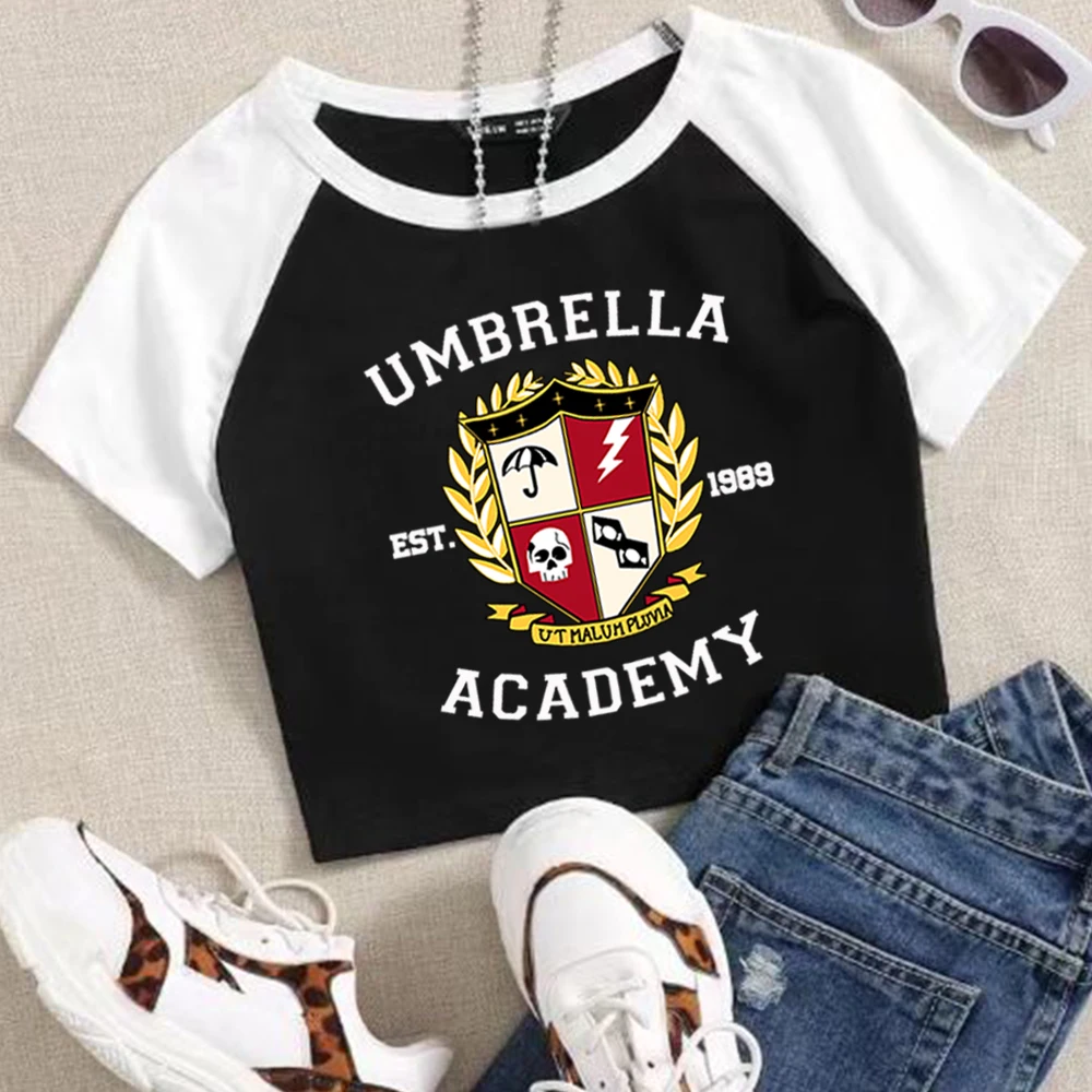 

Женская укороченная футболка The Umbrella Academy, модные рубашки с круглым вырезом и короткими рукавами для девочек