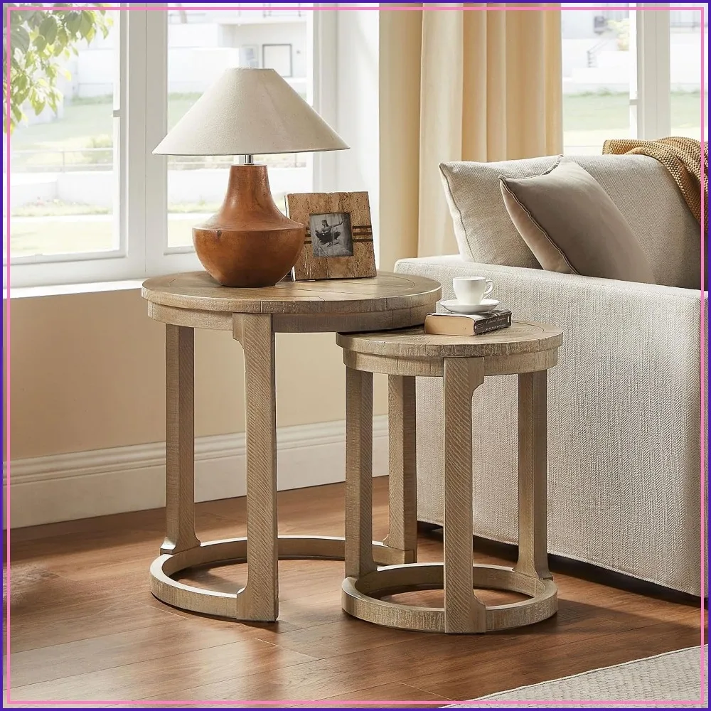 Solid Wood Round Nesting Coffee Table Set of 2 for Living Room