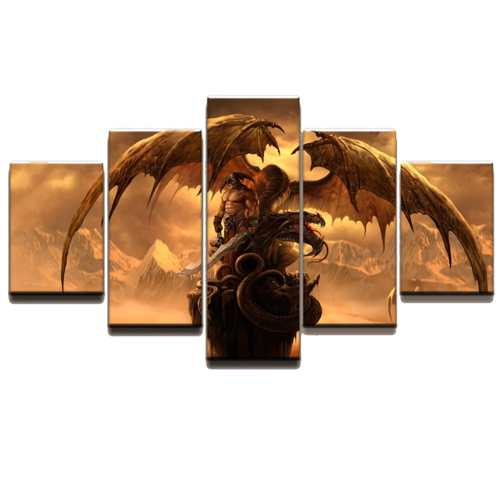 Unframed 5 Pcs Dragon Fantasy Sword Warrior Game Movie Modern Canvas Posters Wall Art Pictures HD Paintings Room Home Decor