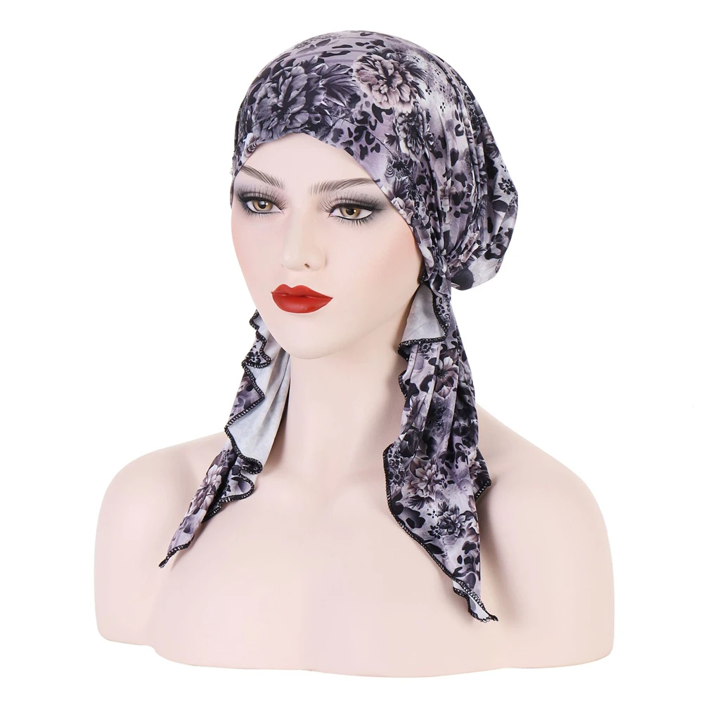 Women Printed Pre-tie Headscarf Elastic Muslim Female Turban Cancer Chemo Hat Hair Loss Cover Head Wrap Headwear Stretch Bandana