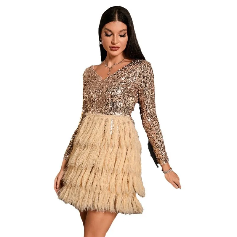2025 Sparkle Sequin Deep V Party Dress For Women Summer Luxury Feather Long Sleeve for Runway Fashion Show