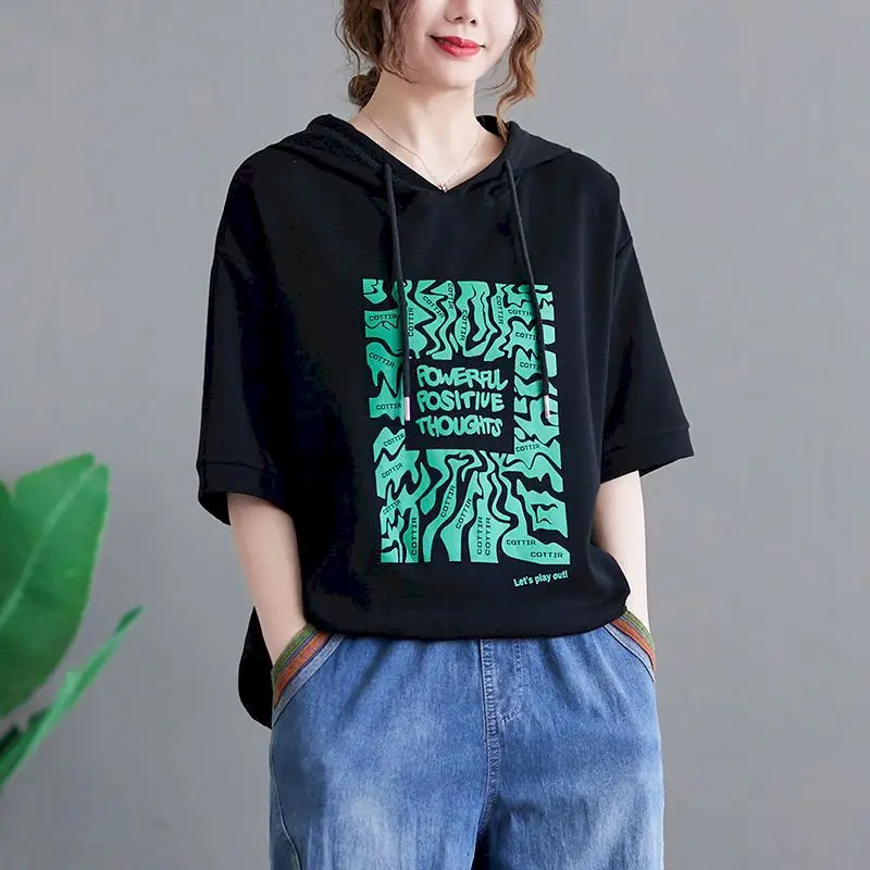 

98% Cotton T Shirts Women Literary Art Oversized Hooded T-shirt Casual Print Half Sleeve Tops Spring Summer Trend Loose Tshirt